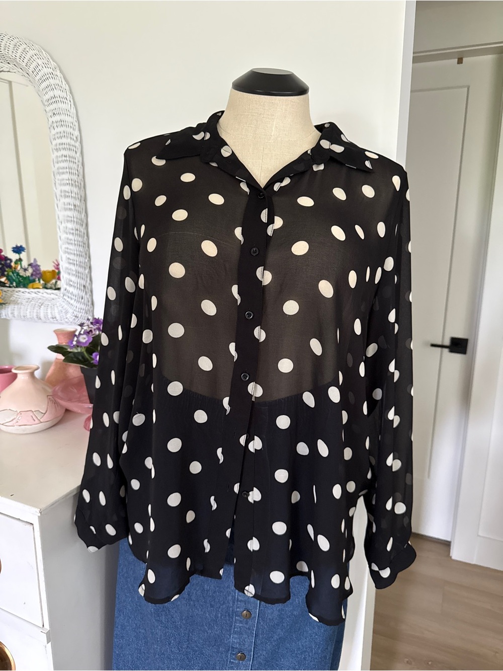 H&M Black Sheer Polka Dot Button-Up Blouse